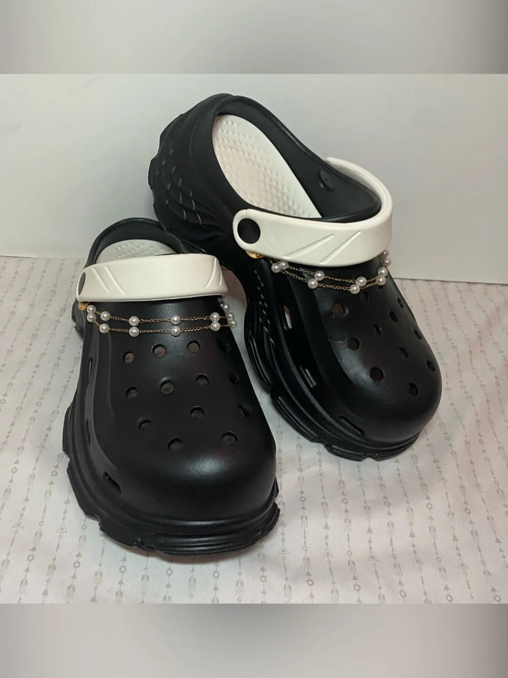 Kids Black and White Clog Sandals with Pearl Charm